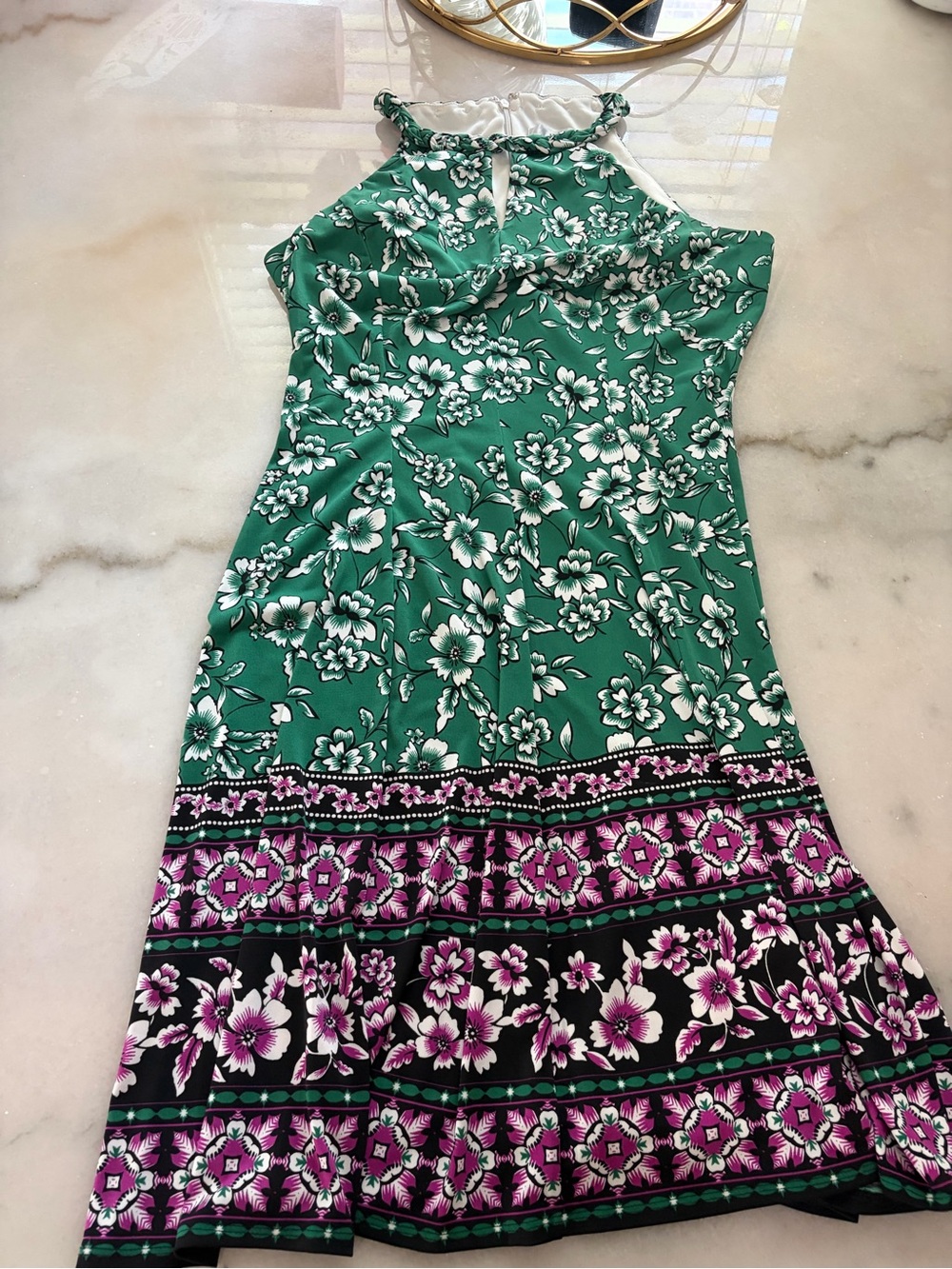 Green Floral Halter Dress with Purple Border